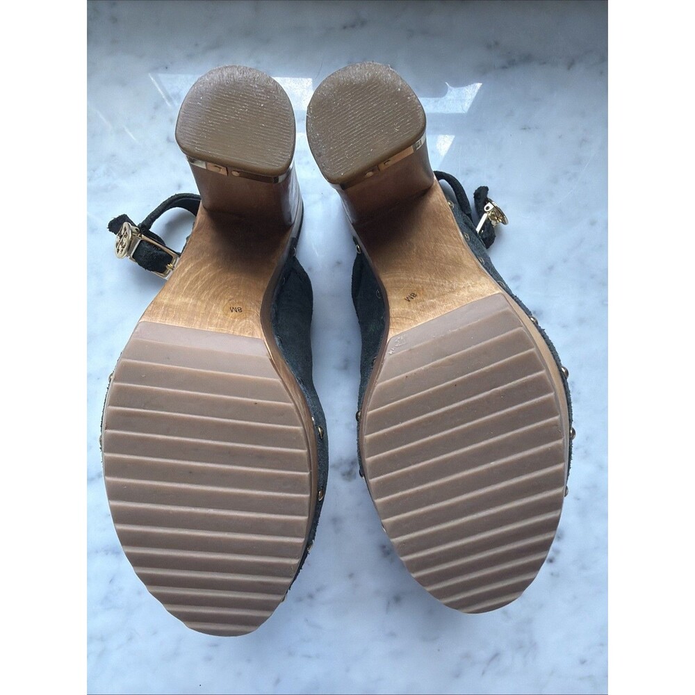Tory Burch Blue Suede Sz 8 Logo Studded Slingback Wooden Heels Clogs - Picture 7 of 8